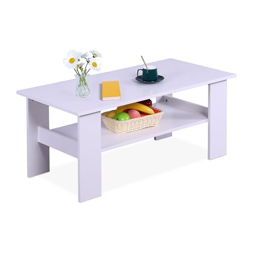 Relaxdays coffee table, HWD: 53.5x100x50 cm, living room table with storage shelf, modern sofa table, white