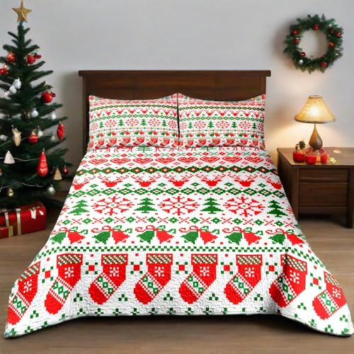 "WHWODIDE Boho Socks Snowflake Christmas Quilt Set King 3 Piece Winter Bedspread - Lightweight Coverlet with Pillow Shams for All Seasons (Socks, King(90""x104""))"