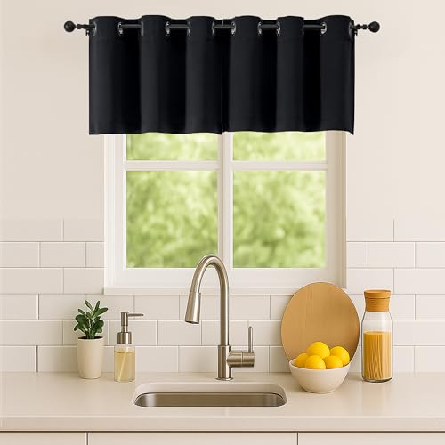 Simplebrand Halloween Black Kitchen Valances for Windows 18 Inches Long 2 Pack, Blackout Window Valances for Living Room, Grommet Short Straight Drape Kitchen Curtains for Bedroom Kids Room, 40Wx18L