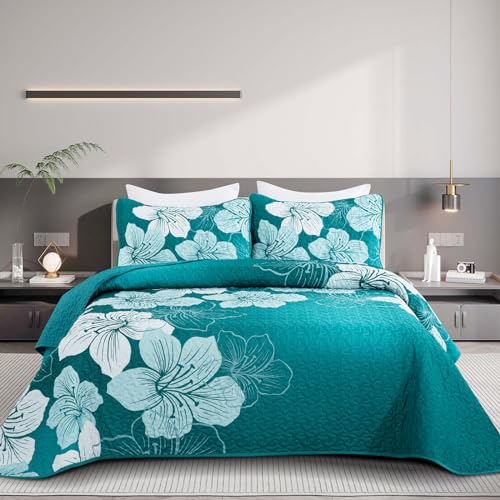 DJY Floral King Quilt Set 3 Pieces Gradient Green Bedspread Set Botanical Soft Bedding Quilt with 2 Pillow Shams Elegent Lightweight Quilts Coverlet Set All Season 104''x90''