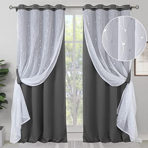 BGment Grey Blackout Curtains 95 Inches Long Living Room Thermal Curtains with Sheer Overlay, Silver Printed Double Layer Window Curtains for Bedroom Darkening, 2 Panel Sets 52 x 95 Inch, Dark Grey