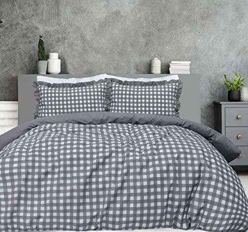 Sleepdown Gingham Check Grey Plain Reverse Soft Easy Care Duvet Cover Quilt Bedding Set With Ruffle Edge Pillowcases -King (230cm x 220cm)