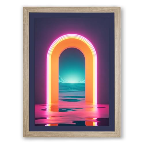 Neon Portal to Ocean Modern Framed Wall Art Print A4 (29.7×21cm) Oak, Wall Decor for Living Room, Bedroom, Office & Home, Ready to Hang, Art Gift