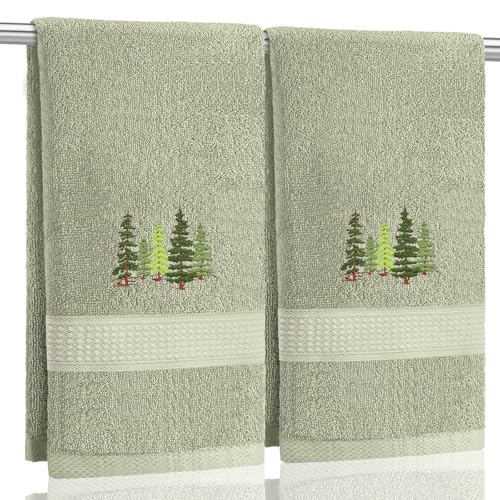 SmoothNovelty 2 Pcs Forest Hand Towels Gray Green Bathroom Decor 14x29 Inch Embroidered 100% Cotton Soft Absorbent Nature Scene Decorative Hand Towels for Bathroom Kitchen