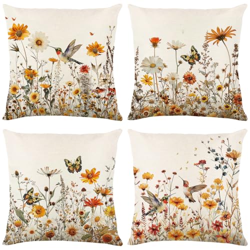 wyooxoo Spring Pillow Covers 16x16 Set of 4 Farmhouse Summer Throw Pillow Covers Floral Decorative Cushion Cases for Sofa Couch Outdoor Bedroom
