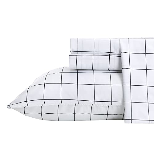 Best Season Printed Plaid Bed Sheet Set 3 Pieces - Twin Size - Double Brushed Microfiber Super Soft Breathable Bedding Sheets Black Grid
