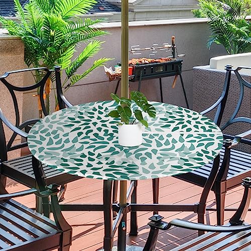 "GzLeyigou Fitted Round Tablecloth with Umbrella Hole and Zipper Abstract Nature Outdoor Elastic Table Cloth 45""-56"" Oil-Proof Waterproof Green Nature Patio Table Cover for Picnic Party"