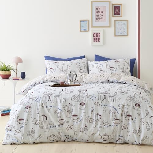 Fusion Coffee Club Duvet Cover Set Single 140 x 200cm – Natural Polycotton Easy Care Bedding with Fun Coffee Club Print, Includes 1 Pillowcase