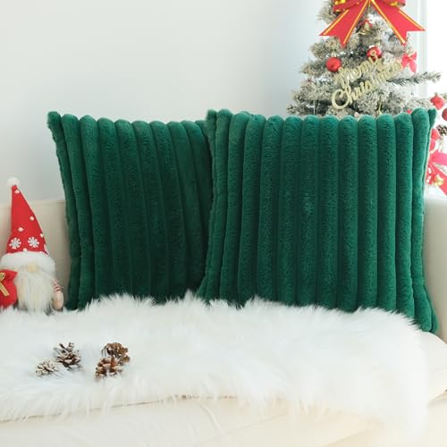 JOJUSIS Faux Fur Plush Throw Pillow Covers, Dark Green, 16 x 16-Inch