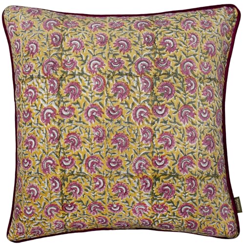 Paoletti Chedworth Polyester Filled Cushion – Luxury Floral Cotton Velvet Piped Decorative Pillow (Gold/Rose – 50x50cm)
