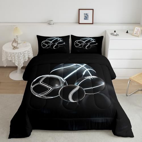 Feelyou Football Comforter Set Queen Size Basketball Comforter for Boys Girls Teens Rugby Sports Bedding Set Ball Game Duvet Set Room Decor Earth Black Mixed Ball Quilt Set