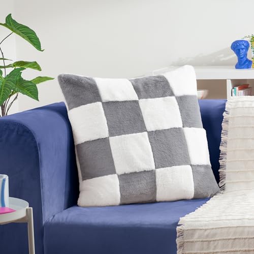 furn. Heya Home Cozee Check Faux Fur Cushion – Ultra-Soft Checkerboard Design Polyester Filled (Slate Blue – 50 x 50 cm, Pack of 1)