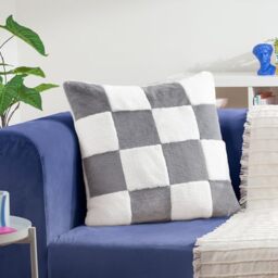 furn. Heya Home Cozee Check Faux Fur Cushion – Ultra-Soft Checkerboard Design Polyester Filled (Slate Blue – 50 x 50 cm, Pack of 1)