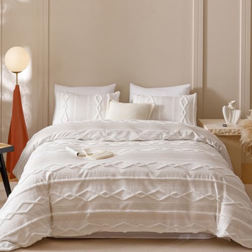 CLOTHKNOW Boho White Comforter Set King 3Pcs Farmhouse Bedding Comforter Sets Clipped Jacquard Stripes Comforter White Khaki Comforter Soft
