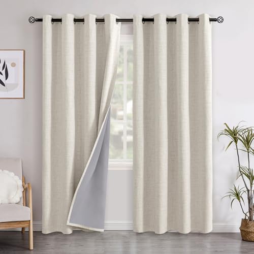 YoungsTex Linen Blackout Curtains 84 Inch Length for Bedroom Room Darkening - Grommet Black Out Drapes Energy Saving for Living Room Summer Heat, 2 Panels 52 X 84 Inch