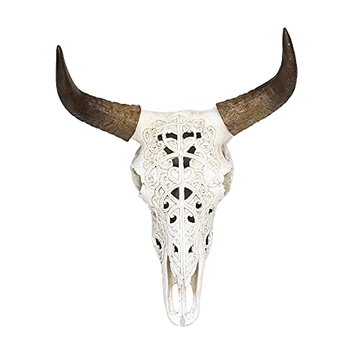 OTARTU White Tribal Design Carved Steer Skull Wall Hanging Sculpture, Cow Horn Skull 19 Inch Steer Head Bull Horn Wall D??cor (White)