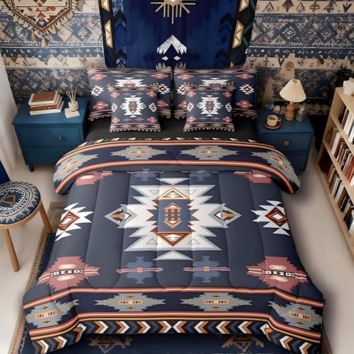 Erosebridal Western Queen Comforter Set with Sheets - Southwestern Decor Geometric 7-Piece Bedding Set Farmhouse Aztec Bed in a Bag, Stripes Diamond Triangle Bed Sets,Navy Blue