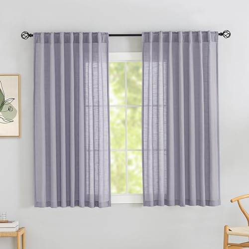 DONREN Lavender Linen Back Tab Curtains 72 Inches Long 2 Panels Set for Guest Room - Modern Country Rod Pocket Semi Sheer Privacy Drapes Hooks Light Filtering Playroom Curtains 52 x 72 Inch Lilac