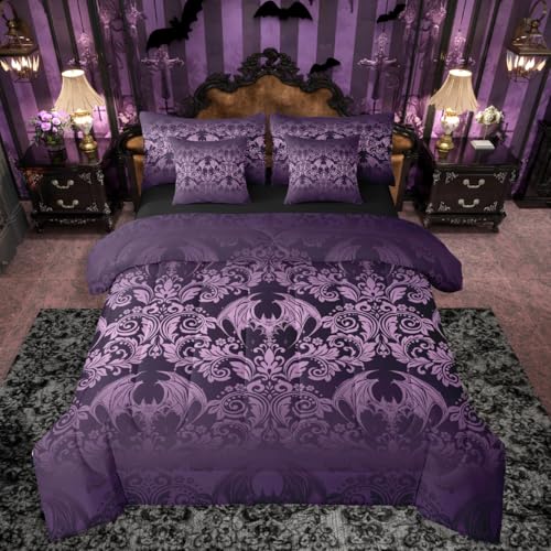 Feelyou Adults Gothic Damask Print Bedding Set Purple Goth Bat Victorian Floral Comforter Set 7 Pieces Comforters Queen Size Boho Bohemian Exotic Bed in a Bag