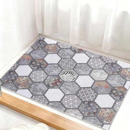 Square Shower Mat Non Slip: 32 x 24 Inch Extra Large Shower Mats with Drain Hole in Middle - PVC Loofah Anti Slip Shower Floor Matt for Inside Shower