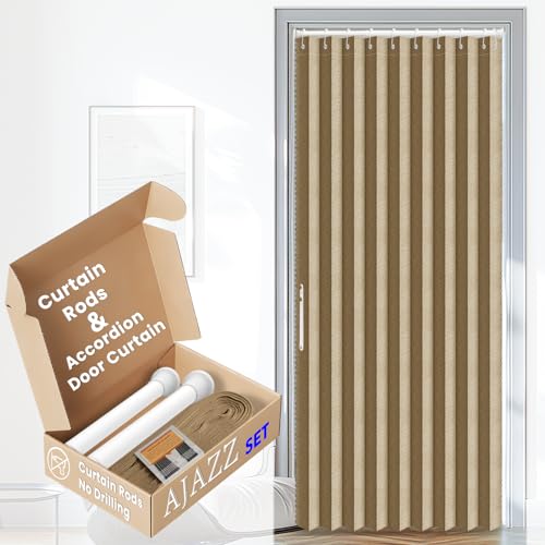 "AJAZZ Set: Curtain Rods No Drilling (38-53"" W Adjustable Range) & Accordion Door Curtain, Brown 53W??78"" L, Accordion Doors for Closet Doorway Room Divider"
