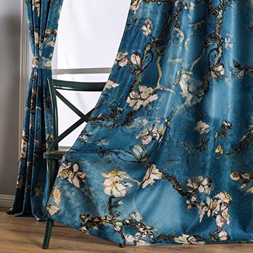 Taisier Home Chinese Style Plum Blossom Curtains - Blue Artistic Print, 84 Inches Long for Living Room, Personalized Pattern, 2 Panels Set