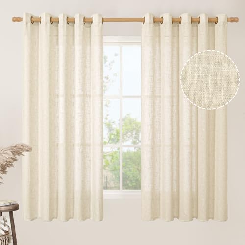 LAMIT Linen Curtains 63 inch Long for Living Room, Linen Light Filtering Boho Semi Sheer Window Textured Modern Drapes with Bronze Grommet for Bedroom, 2 Panels Set, 60 x 63 Inch, Beige