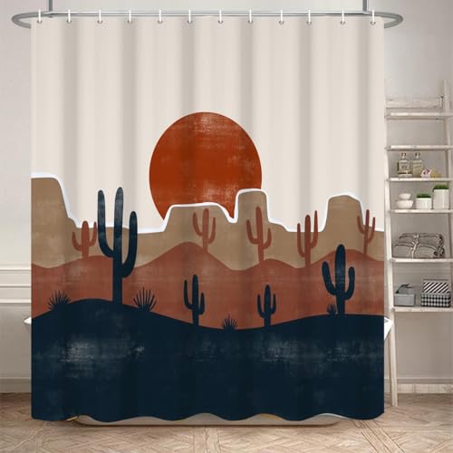 Umpoo Abstract Mid Century Bohemian Bathroom Shower Curtain Desert Cactus Red Sun Curtain with Hooks, Waterproof Polyester Fabric, 72x78 Inch