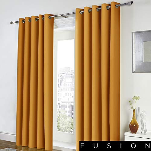 "Fusion - Freya - 100% Cotton Pair of Eyelet Curtains - 66"" Width x 54"" Drop (168 x 137cm) in Ochre"