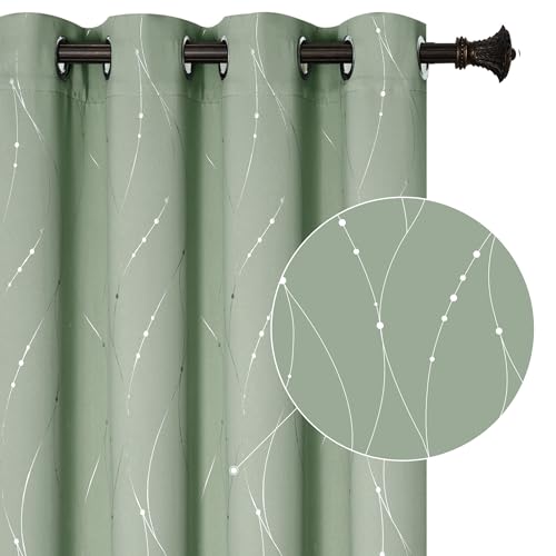 BUHUA Blackout Curtains Silver Foil Print Wave Line and Dots Grommet Drapes, Room Darkening Thermal Insulated Curtains, Noise Reducing Curtain for Bedroom, Sage Green, 52Wx72L, 2 Panels