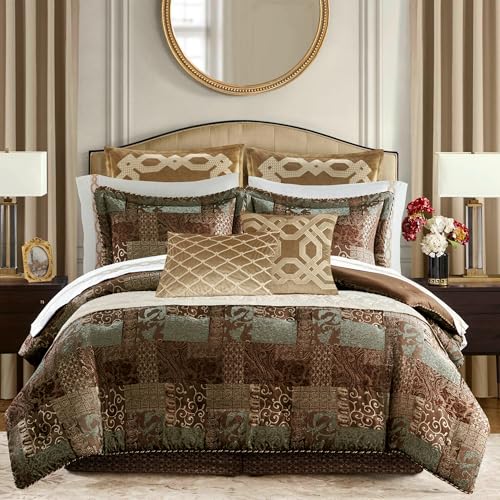 CROSCILL King Comforter Set, Luxe Chenille Jacquard Patchwork, Microfiber Twill Comforter for a King-Size Bed, Oversized Comforter King Bedding, 2 Shams & Bedskirt, Galleria, King, Brown