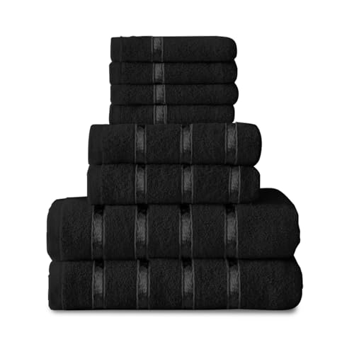 GC GAVENO CAVAILIA 8 Piece Towel Bale Set, Quick Dry Highly Absorbent Cotton Towel Sets Bathroom, Black Towels Sets 450 GSM, 4x Face Towel 2x Hand Towels 2x Bath Towels