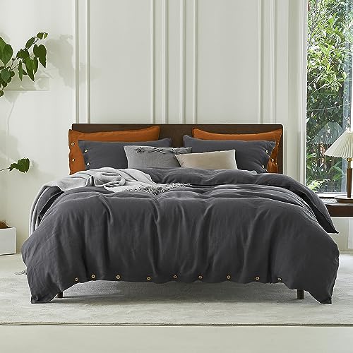 EVERLY 100% Pure Linen Duvet Cover Set Oversized King120X98Inch 3pcs (1 Duvet Cover,2 Pillowcases) Soft and Breathable for All Season with Coconut Button Closure, Suitable for Hot Sleepers-Dark Grey