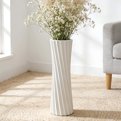 GDSZJLJ White Ceramic Spiral Floor Vase, 15.7 Inch Tall, Minimalist Decorative Vase for Living Room, Bedrooms, and Other Spaces