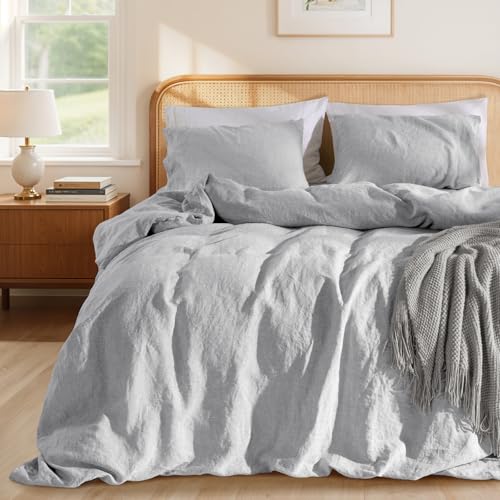 LBRO2M 100% France Linen Duvet Cover Set King Size 3 Pcs Natural Flax Comforter Cover with Zipper Closure 2 Pillowcase Breathable Duvet Cover (Gray King)