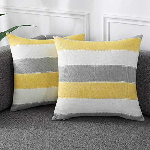 AmHoo Pack of 2 Farmhouse Stripe Check Throw Pillow Covers Set Case Cotton Linen Decorative Pillowcases Cushion Cover for Couch Bench Sofa 16x16Inch Yellow Beige