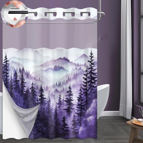 Purple Forest Hookless Shower Curtain with Snap in Liner, 71x74 in, 2 in 1 - No Hook, Double Layer Snap on Liner, Mountain Nature Bathroom Decor, Waterproof Polyester Fabric, See Through Top with Window
