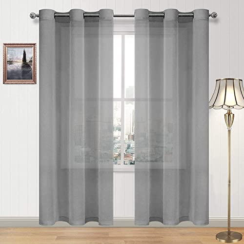 DWCN Grey Semi Sheer Curtains, Grommet Top Window Drapes for Bedroom Living Room, Faux Linen Look Voile Transparent Solid Curtains Set of 2 Panels 46 x 84 Inches Long, Grey
