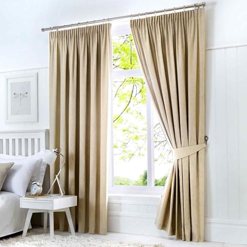 Fusion Dijon-Blackout/Thermal Insulated Pair of Pencil Pleat Curtains, Natural Beige/Cream, 90 x 90 (228 x 228cm)