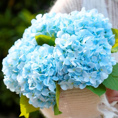 "IPLNTS 5 Pcs Faux Silk 18.5"" Light-Blue Hydrangea Artificial Flowers, Fake Flowers with Stems, for Wedding Christmas Bouquet Home Decor Centerpiece"