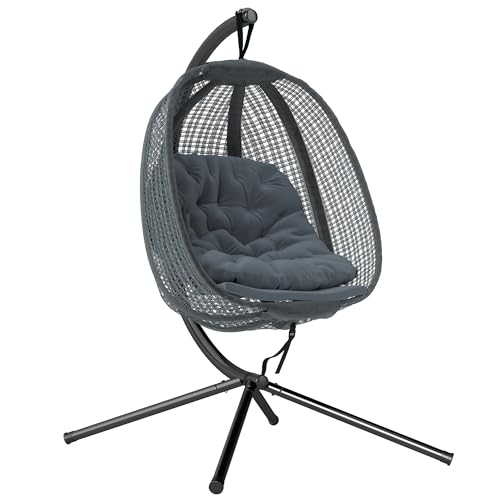 Outsunny Outdoor Swing Chair with Thick Padded Cushion, Patio Hanging Chair with Metal Stand, Egg Chair with Foldable Basket, Cup Holder, for Indoor and Outdoor, Dark Grey
