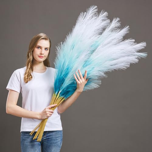 "7 Pcs 45"" Faux Pampas Grass ??? Fluffy Artificial Pompous Grass for Tall Floor Vase, Non-Shedding Home Decor, Boho Wedding Flowers, Baby Shower Centerpieces, Bedroom & Living Room Decor (Blue Gradient)"