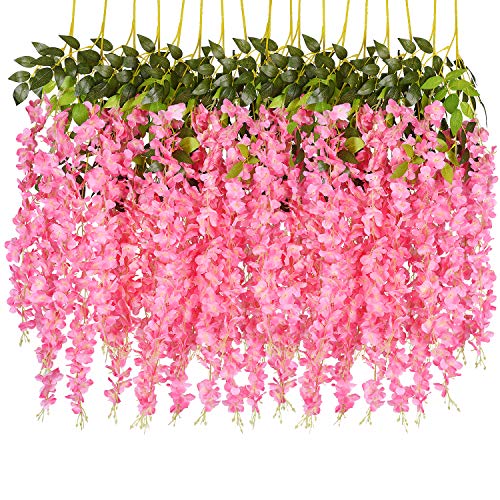 DearHouse 6 Pack Artificial Fake Wisteria Vine Ratta Hanging Garland Silk Flowers String Party Home Wedding Decor, 3.75 Feet/Piece,Pink