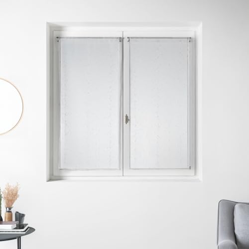 Homemaison - Pair of Small Organza Curtains with Silver Stripes - Polyester - Rod Pocket Hem - Kitchen Living Room Window Use - 60 x 160 cm - White