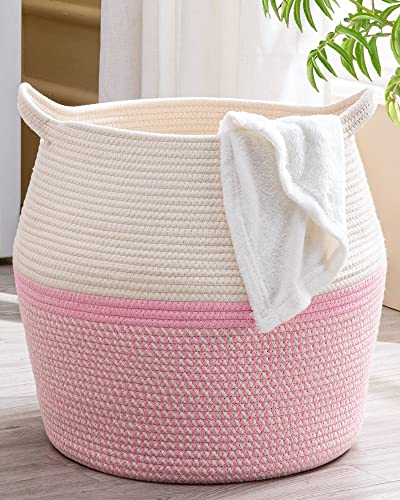 "KAKAMAY Woven Baskets for Storage(17""x17""),Large Cotton Rope Basket Woven Baby Laundry Hamper,Collapsible Laundry Basket, Blanket Basket for Organizing Living Room,Nursery,Pillows,Toy Chest(Pink)"