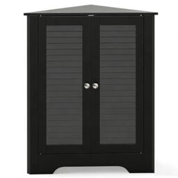 CASART Floor Storage Cabinet, Multipurpose Corner Shelf with Double Louver Cabinet Doors, Stand Organizer Cupboard Unit for Kitchen, Living Room, Bathroom and Hallway (Black)