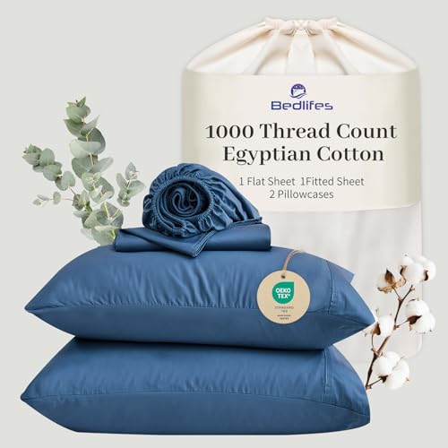 "Bedlifes Egyptian Cotton Sheets 1000 Thread Count King Size, 4-Piece 16"" Deep Pocket - Cooling & Breathable Ultra Soft Bedding for Hotel Comfort (Dusty Blue)"