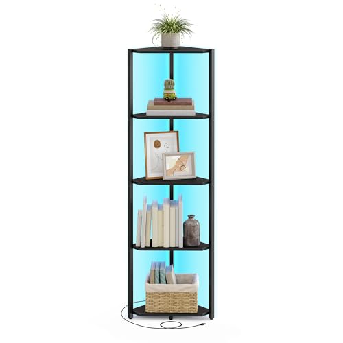 VASAGLE 5-Tier Corner Shelf, Bookcase with Adjustable LED Lights, Storage Shelf with Steel Frame, 24.8 x 48 x 146.6 cm, for Living Room, Bedroom, Study, Ebony Black LBC590B02
