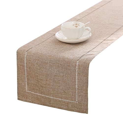 "Tosewever Decorative Linen Table Runner Farmhouse Style Tabletop Collection 14 x 108 Inches Table Runners for Everyday Dining Wedding Party Holiday Home Decor (14"" x 108"", Light Coffee/Straight)"