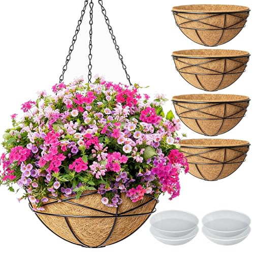 "Karlliu 4 Hanging Planters 12"" Outdoor Plants Metal Watering Flower Baskets with Coconut Liner Hanging Pot Round Plant Holders Planter for Garden Decoration"